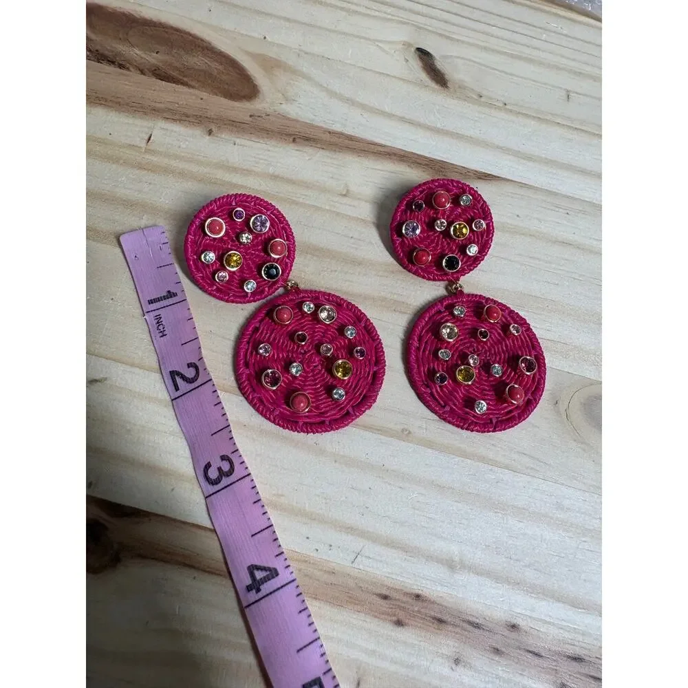 Tuckernuck Pink Raffia Gemstone Drop Earrings Woven Boho